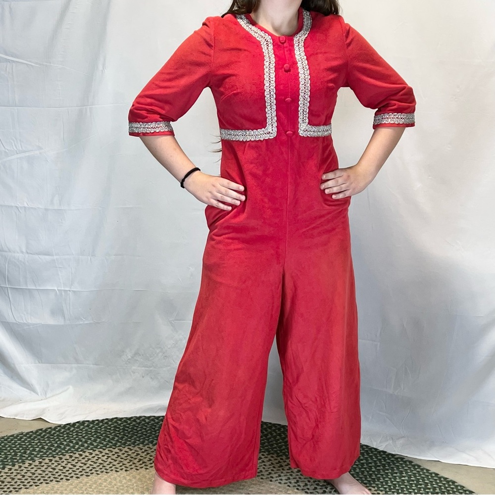 VINTAGE MCM union suit jumpsuit romper‎ wide leg pants red tinsel button front - Picture 2 of 15